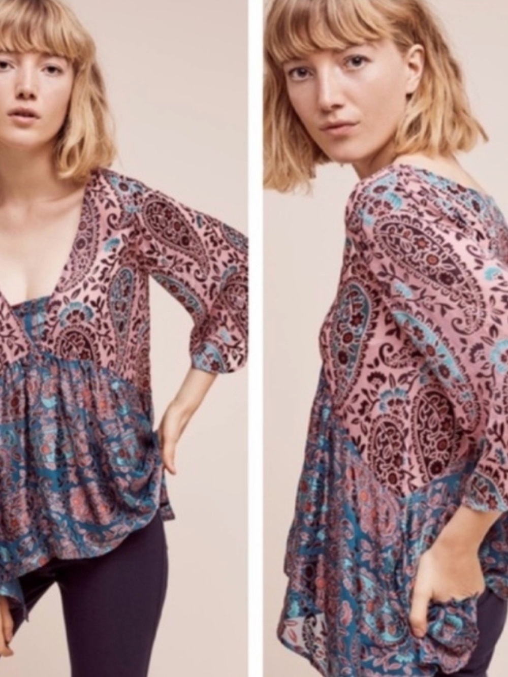 Anthropologie Valo Velvet Burnout V- Neck Tunic with Blue Accents. M